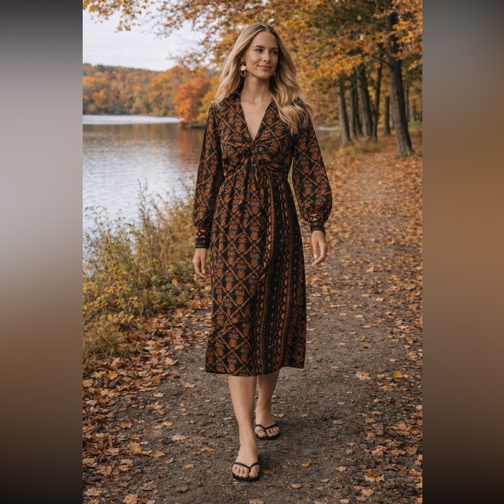 Anthropologie NWT Farm Rio Long-Sleeve V- Neck Printed Tie-Front Midi Dress XXS.